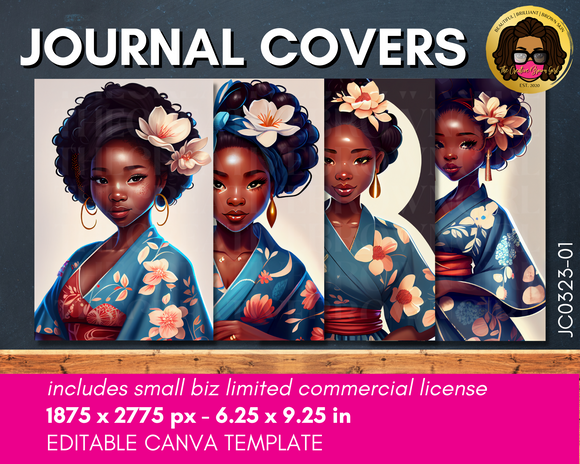 JC0323-01 Blue Hibiscus Kimono DFY Journal Covers with a Private Label Rights License